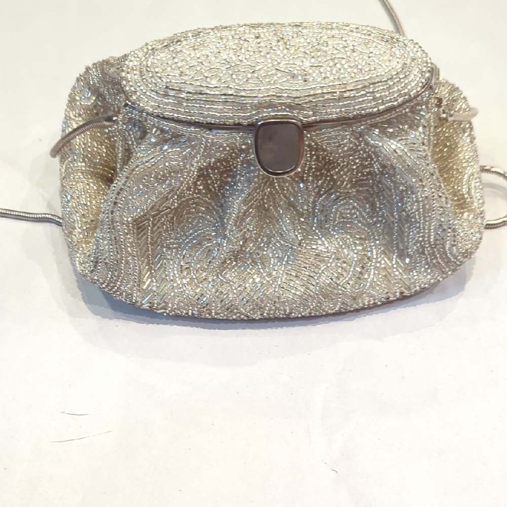 Elegant Silver Beaded Clutch